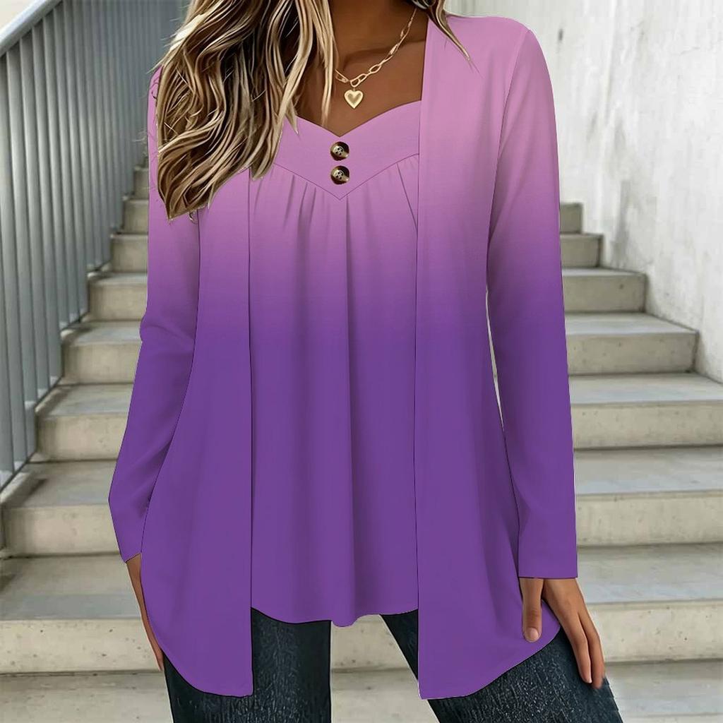 Women Plus Size Square Collar Long Sleeve T Shirt Double Layer Front Clay Tone Harvest Floral Printed Loose Top