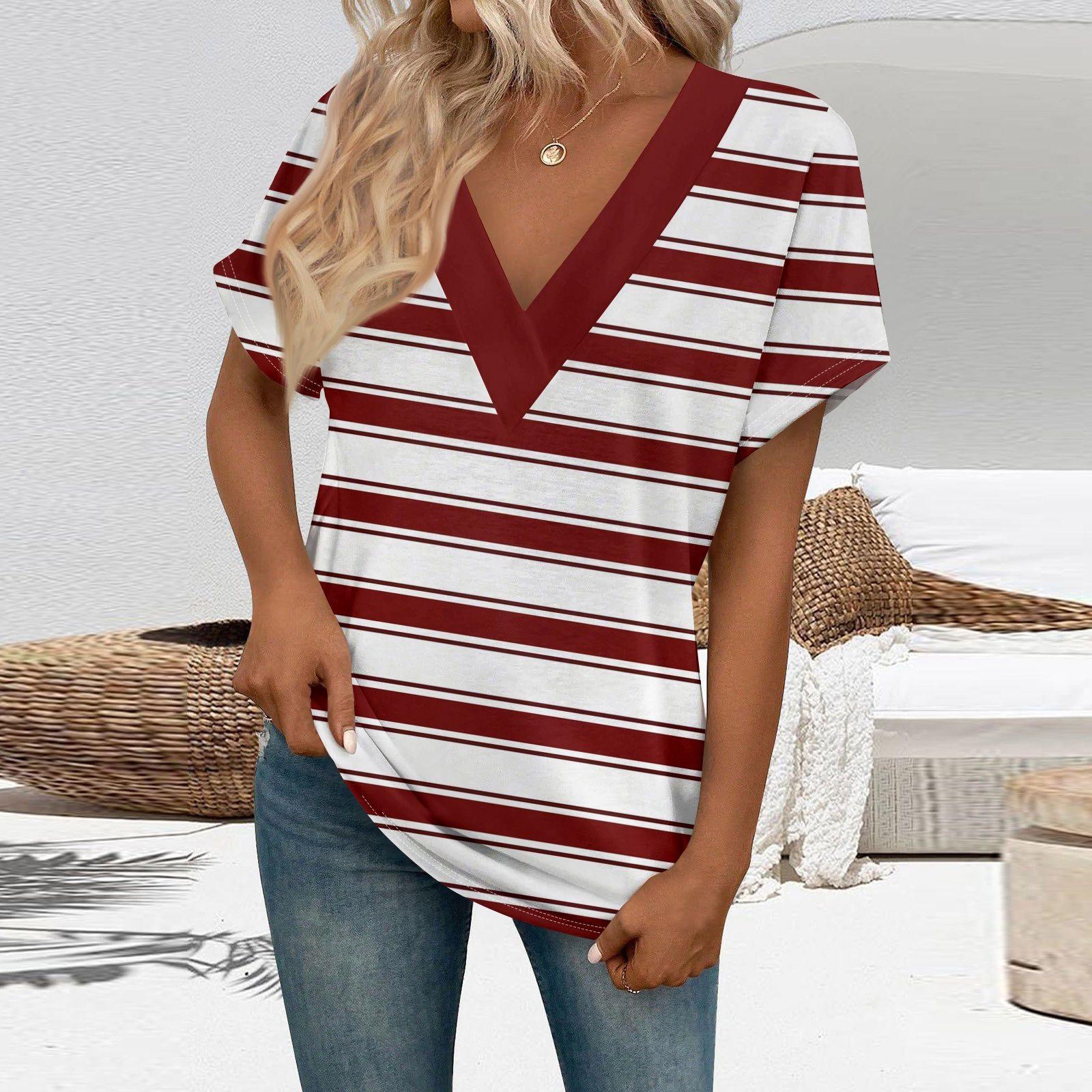 

Футболки с коротким рукавом, футболки с v-образным вырезом, женские модные топы, модные легкие, мягкие повседневные летние наряды XL винный