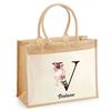 Sac de plage - PLANETEE - Jute avec poche Violaine Lettre Fleur - Coton - Beige - Anses solides
