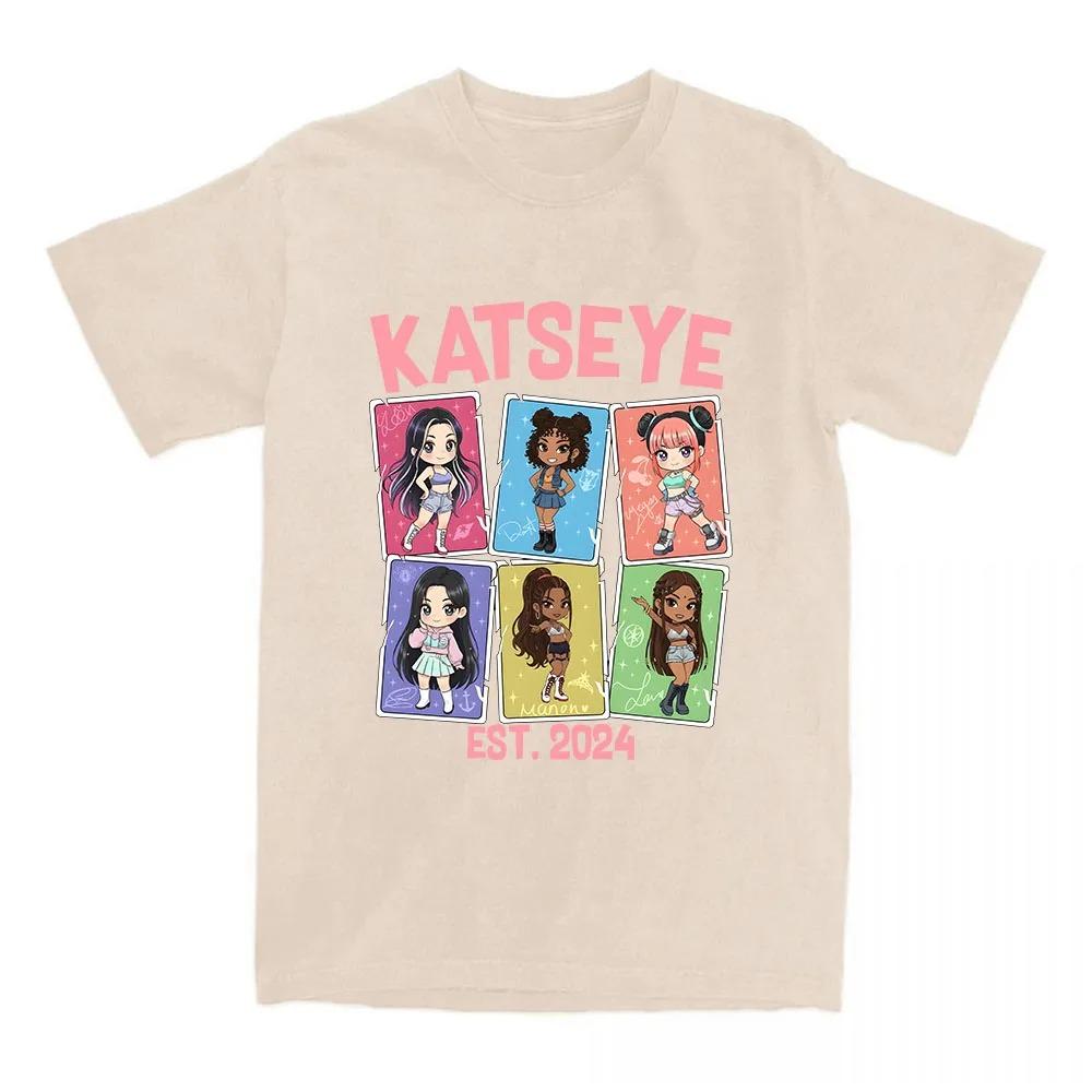 2026 Hot Sale KATSEYE EST. Chibi Member Card Cotton T-Shirt, Loose Fit for KATSEYE Fans Women and Men T-shirts Casual Short Sleeve Oversized Tops