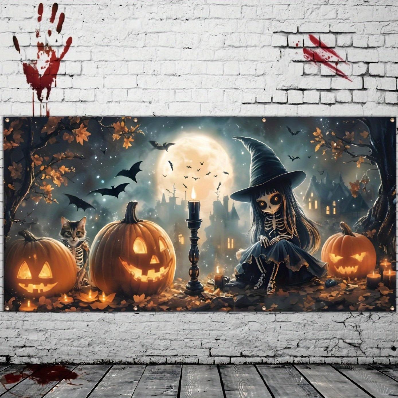 Halloween garage banner with skulls, cute cats and pumpkins - bright polyester material, outdoor holiday exterior decoration 100x150cm