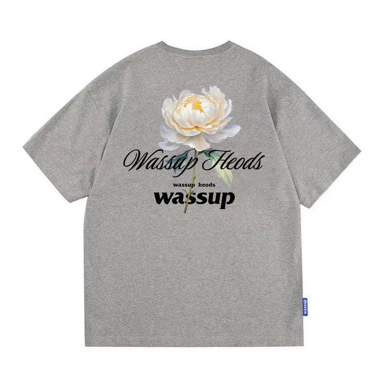 Wassup Flower Language Blooms Couple Versatile Short-Sleeve T-Shirt Summer Heavyweight National Trend Tee Unisex Crew Neck Top