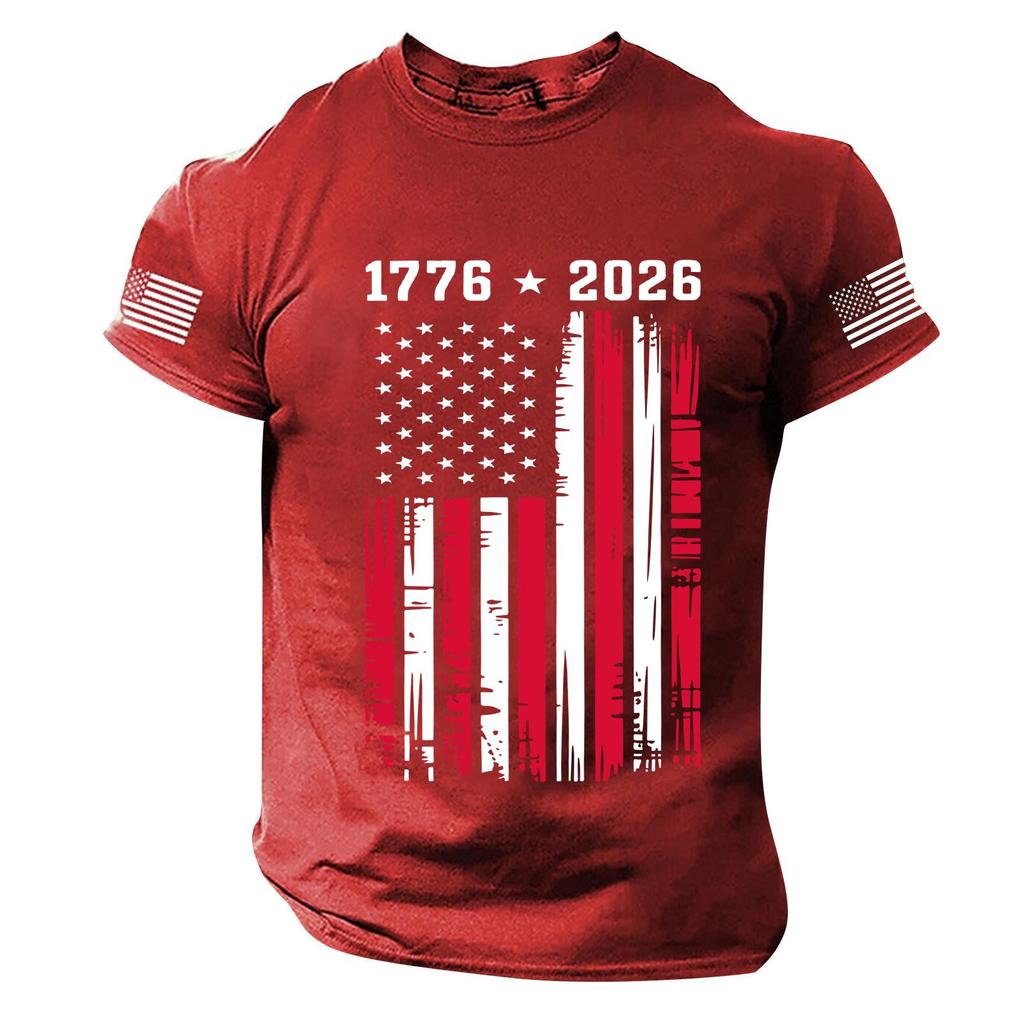 Men's Short Sleeve Casual Crewneck T Shirt with 1776 2026 Print and Distressed American Flag Graphic for Everyday Wear