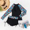 New women's zipper splicing printed long-sleeved boxers split competitive swimsuit