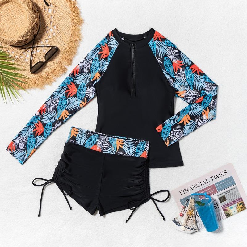 New women's zipper splicing printed long-sleeved boxers split competitive swimsuit