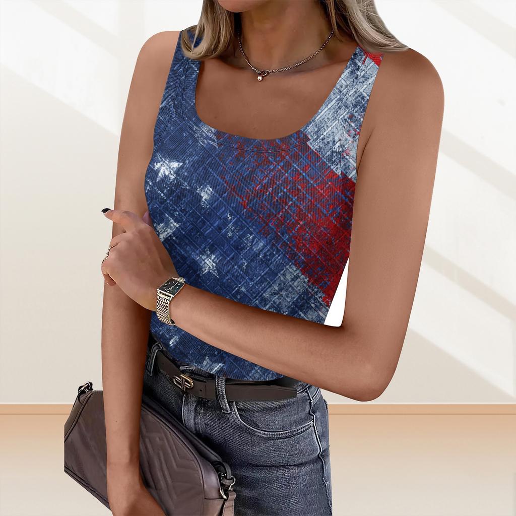 Women's Summer Fashionable Casual Independence Day Printed Round Neck Sleeveless Top Fitted Vest