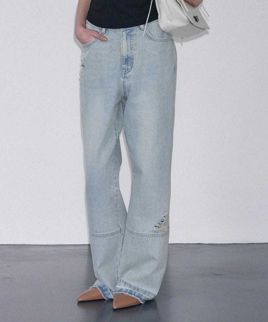 Ledeoli Unfolded Damaged Washed Denim Pants [Light Blue]