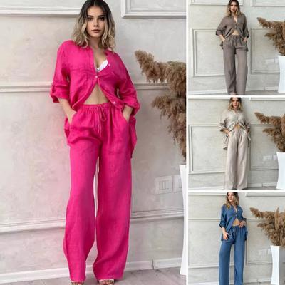 2 Pcs/Set Fall Spring Women Shirt Pants Set Long Sleeves Stand Collar Button-down Blouse Elastic Waist Trousers OL Commuting Sport Pantsuit Outfit