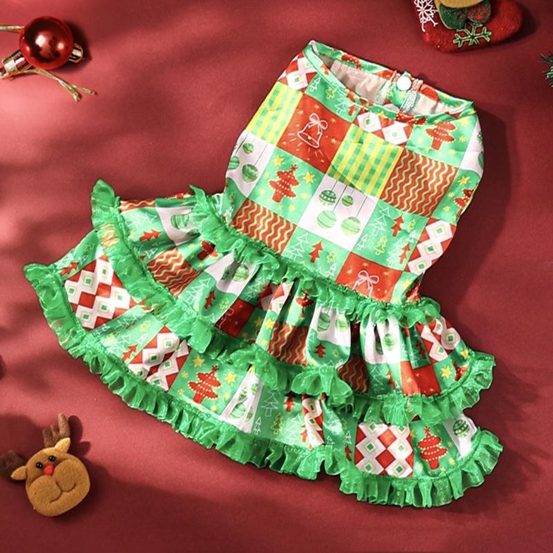 Christmas Dog Princess Dress Christmas Tree Print Mesh Skirt Pet Clothing Dog New Year Atmosphere Clothing Pet Supplies S зелёный