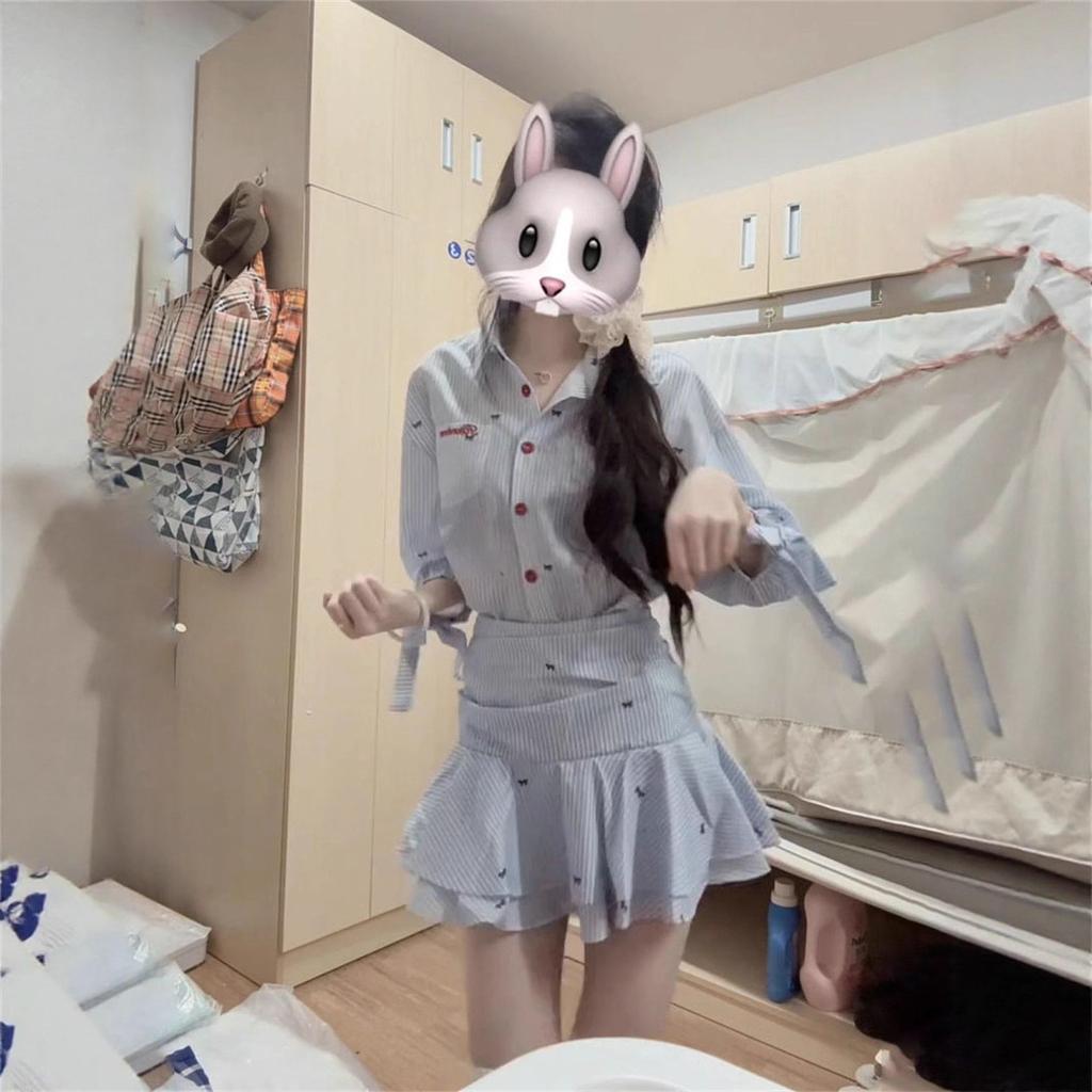 Temperament Bow Printed Striped Shirt Dress Women's Summer New Five-quarter Sleeve Waist Thin A-word Short Skirt