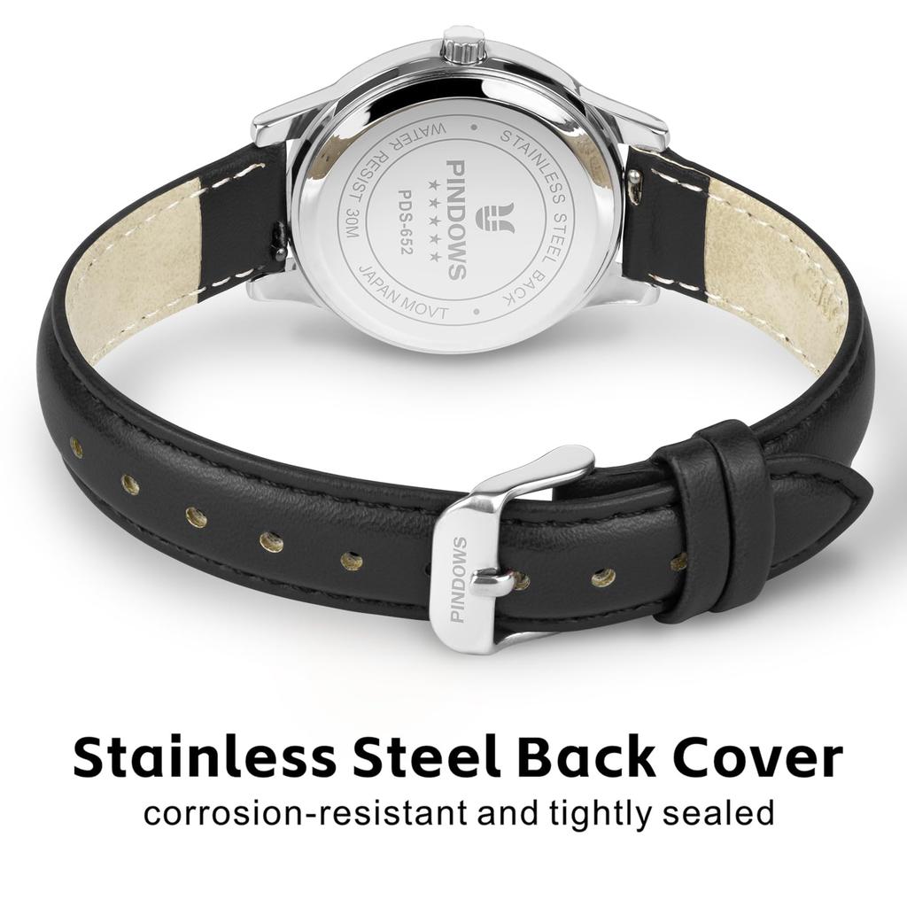 PINDOWS Women's Slim Minimalist Quartz Analog Watch with Black Leather Strap and Gold-Tone Case - A Stylish and Elegant Everyday Watch