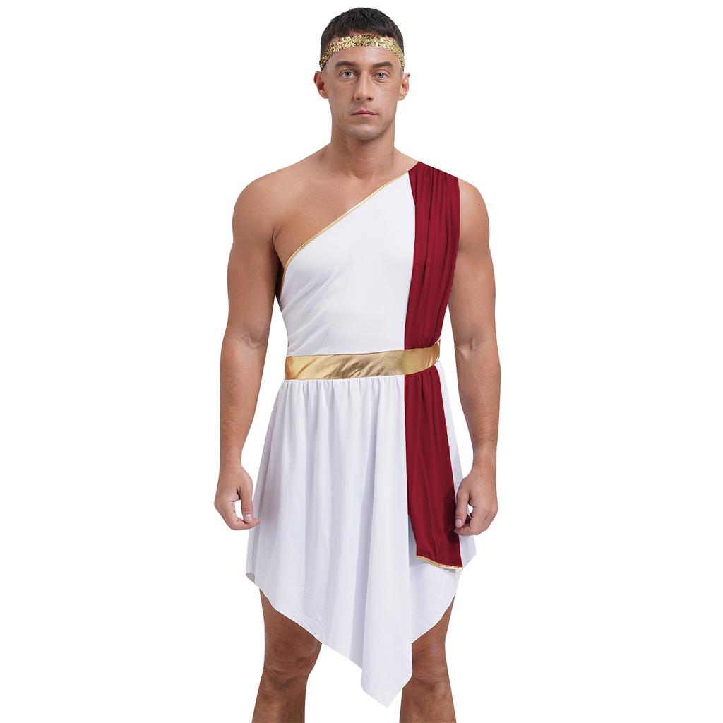 Greek Roman Role Play Outfit - Men's Color Block One Shoulder Dress Irregular Hem for Halloween Party