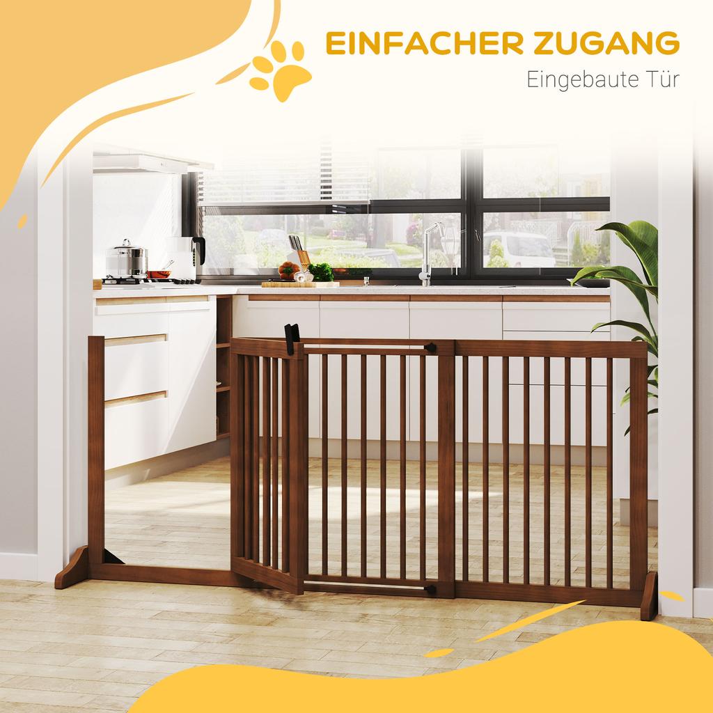 Dog Gate Freestanding Adjustable Safety Gate with Feet 113-166 x 71 cm Wood for Stairs, Doors, Kitchen, Hallway, 3 Panels, Brown