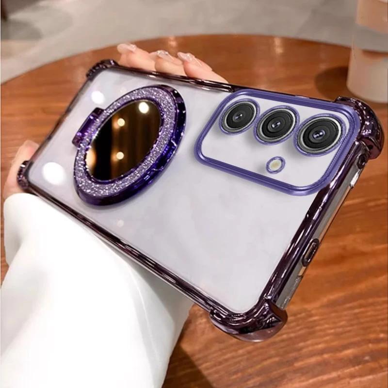 

Glitter Mirror Holder Case For Samsung S25FE A56 A36 A17 A07 A26 A25 A55 A54 A35 A34 A15 A14 A73 A06 Shockproof Stand Soft Cover A56 фіолетовий