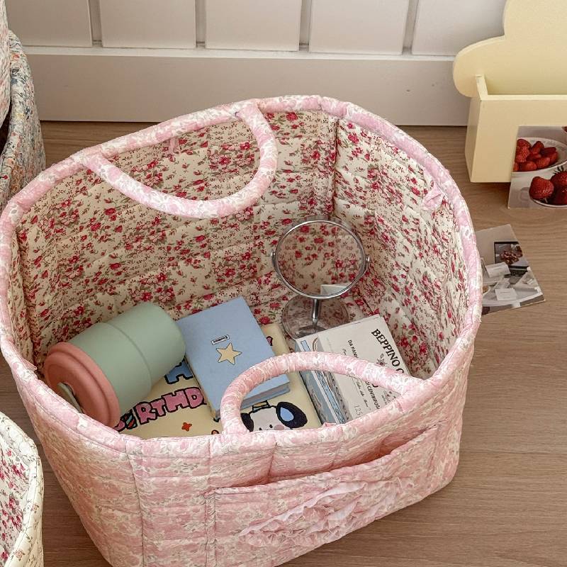 Floral Fabric Storage Basket With Foldable Handle For Home Organization And Gift Use