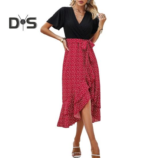 Women's Ruffle Irregular Hem Midi Dress Short Sleeve V-Neck Printed Wrap Dress Summer Beach Wedding Guest Dresses