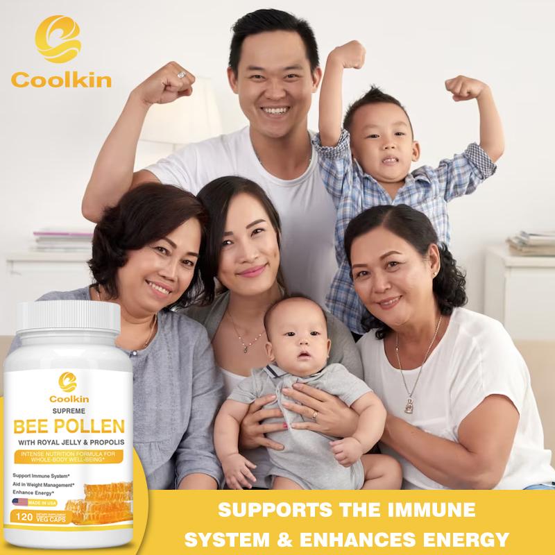 Coolkin Le Capsule Premium di Propoli contengono pappa reale, polline d'api e propoli per rafforzare il sistema immunitario.. Adatto ai vegetariani.