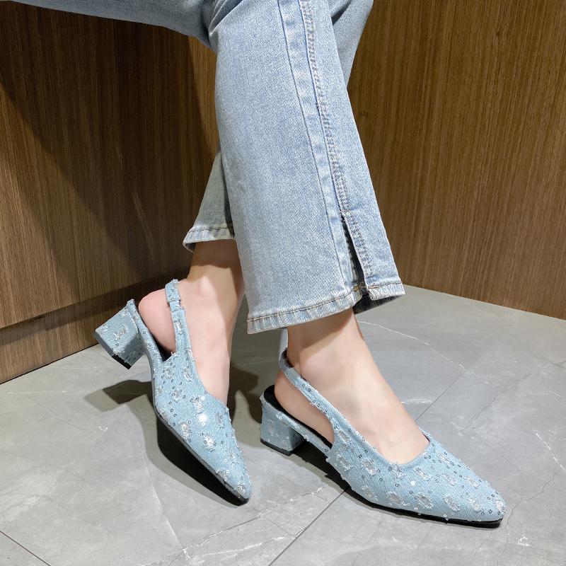 Fashion Spring New Baotou Sandals for Women Fashion Pointe Shallow Mouth Sequin Cloth Slip-on Anti-slip and Wear-resistant Heel Shoes