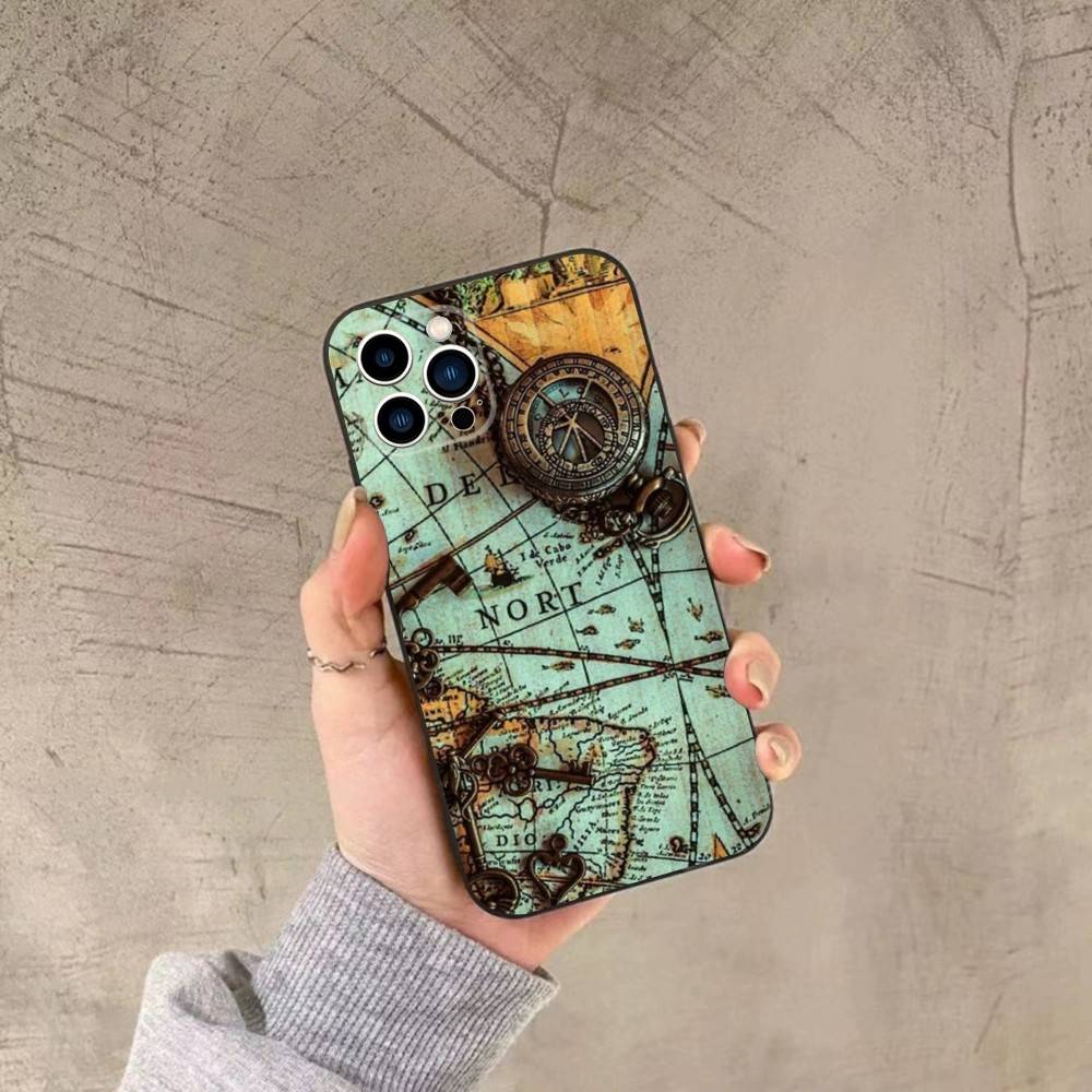 World Map Compass Nautical Phone Case For iPhone 16,15,14,13,12,11,Plus,Pro Max,XS,X,XR,SE,Mini,8,7 Soft Silicone Black Cover