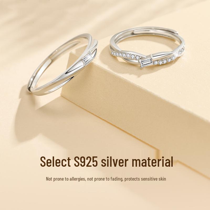 New S925 Sterling Silver Couple Rings - Light Luxury, Adjustable, Perfect Christmas Gift