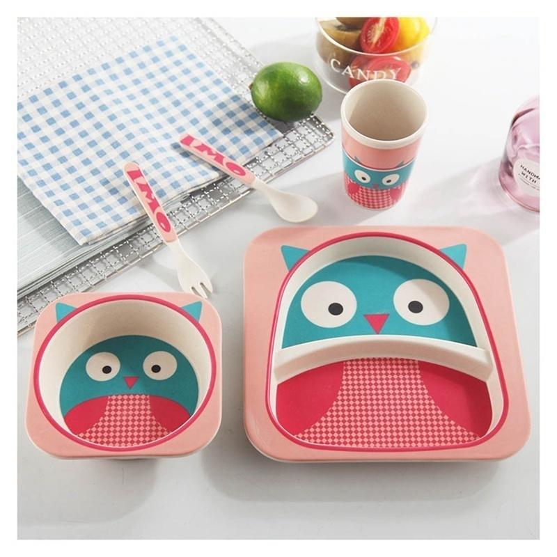 5 Pcs/Set Baby Dish Tableware Set Natural Bamboo Fiber Bowl with Cup Spoon Plate Fork Feeding Dishes