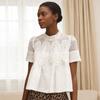 Women Tops Round Neck Short Sleeve Pure Color Pullover Tops Hollow Embroidery Mesh Yarn Loose Fit Casual Tops Daily Wear