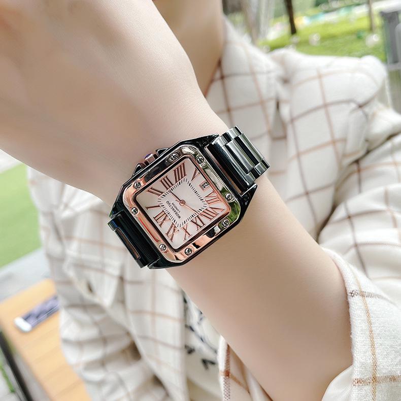 Modny zegarek Santos Square: Unisex Stalowy Pasek, Kalendarz, Wodoodporny, Kwarcowy