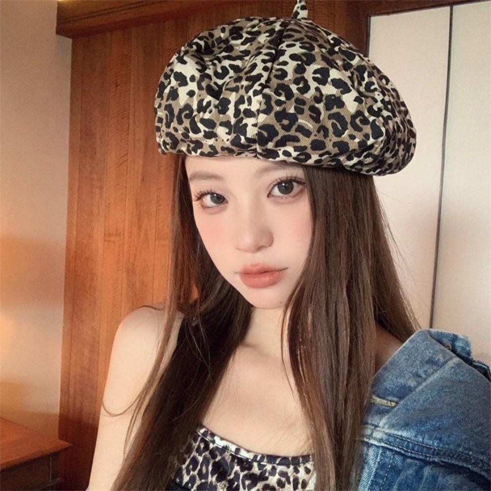 Classic Leopard Print Beret Y2K Painter Hat Cool Octagonal Cap  Women