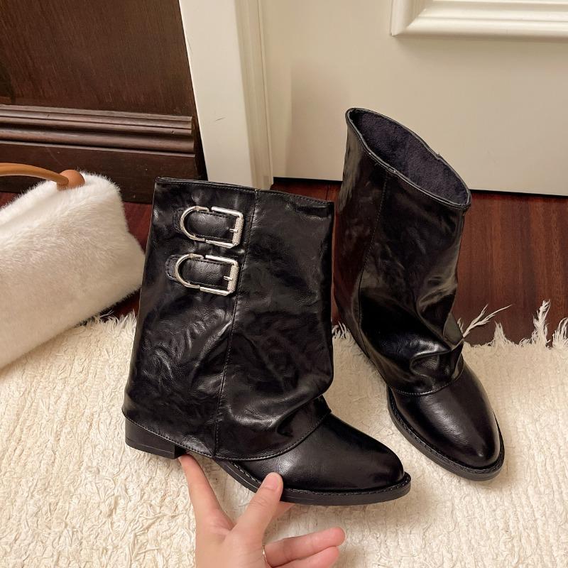 

Fall Metal Buckle Block Heel Booties Pointed Toe Sleeve Soft Slip Western Leather Shoes 42 чорний