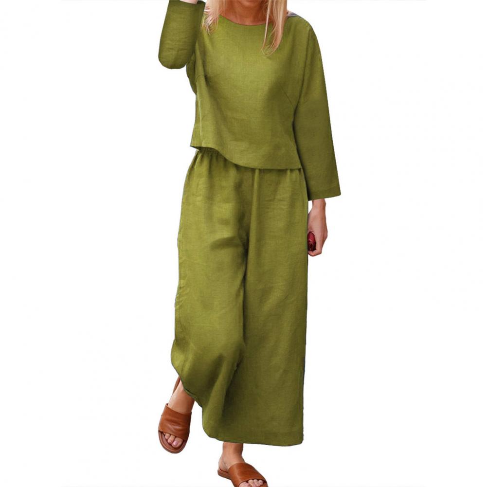 Spring Top Pants Suit Elegant Women's Top Pants Set with Long Sleeves Round Neck T-shirt Elastic Waist Trousers Stylish for Fall