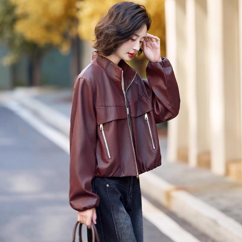 

Женская куртка из искусственной кожи высокого класса, коллекция весна/осень 2025 - воротник-стойка, короткая, свободного кроя, маленькие размеры M красный