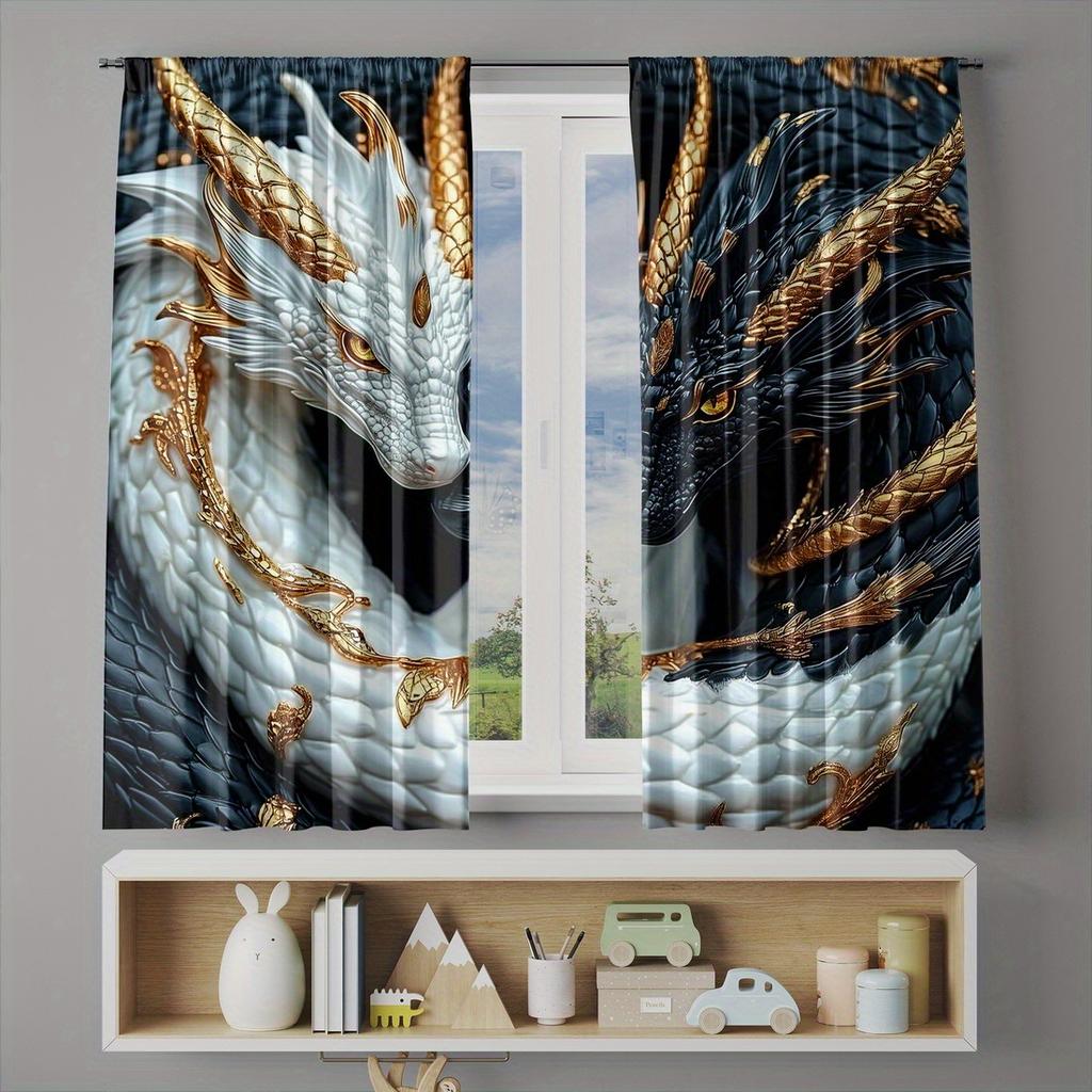 Set Of 2 Dragon Thermal Curtains Light Blocking Polyester Bedroom Living Room Kitchen Decor Curtain With Rod Pocket Washable Perfect For Area