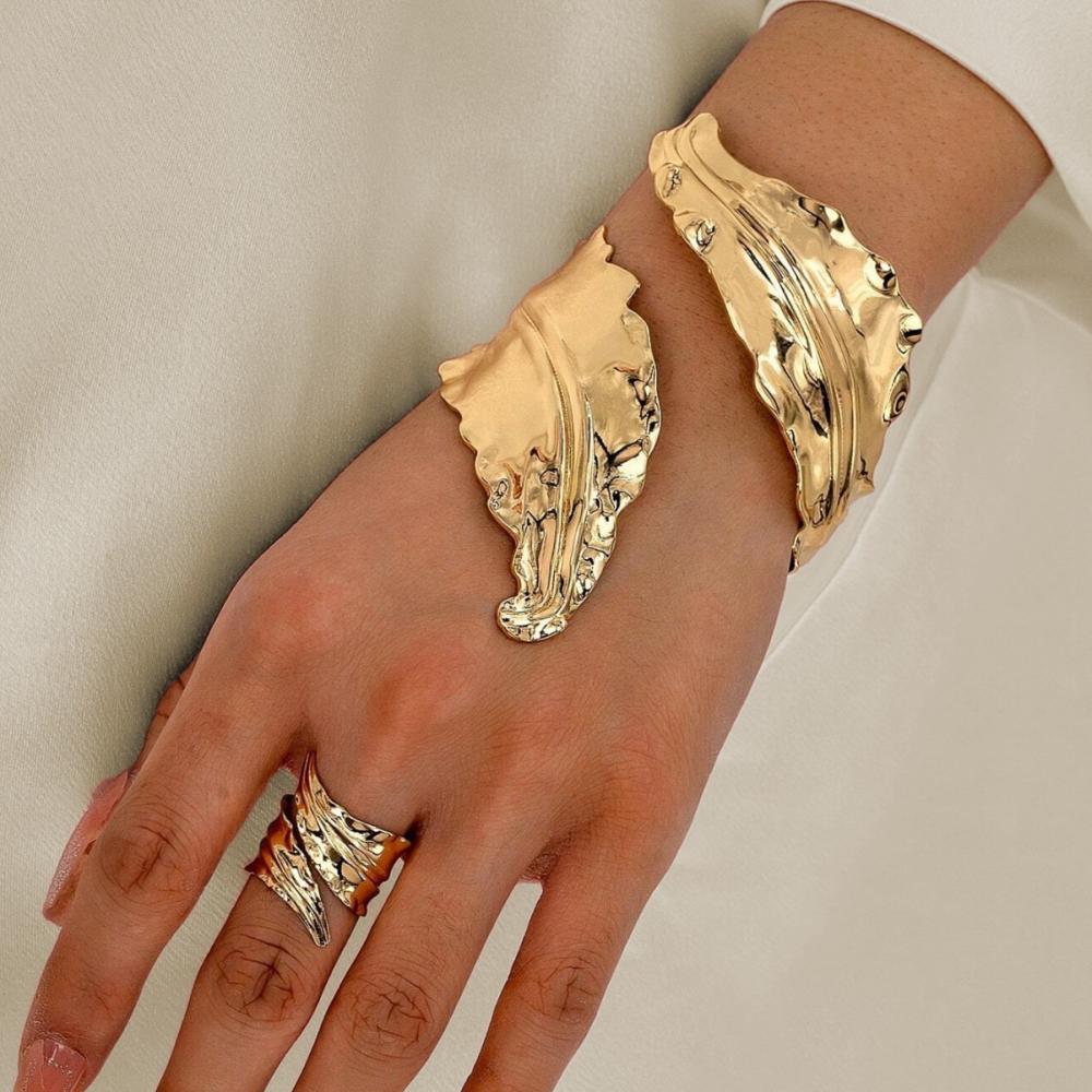 S Vintage Fashion Folded Leaf Bracelet Spiral Opening Adjustable Ring Set For Women Girls Holiday Party Fashion Jewelry Gifts