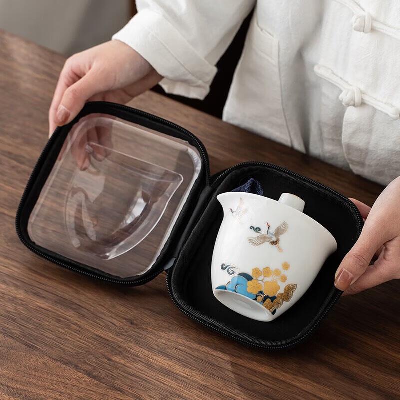 Portable Ceramic Kung Fu Tea Set - Floral Crane Design