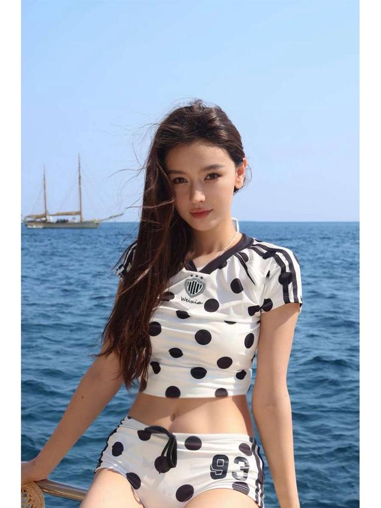 New Women's Colorblock Polka Dot Two-Piece Swimsuit - Sexy Short Sleeve Top & Low Waist Boyleg Bottoms