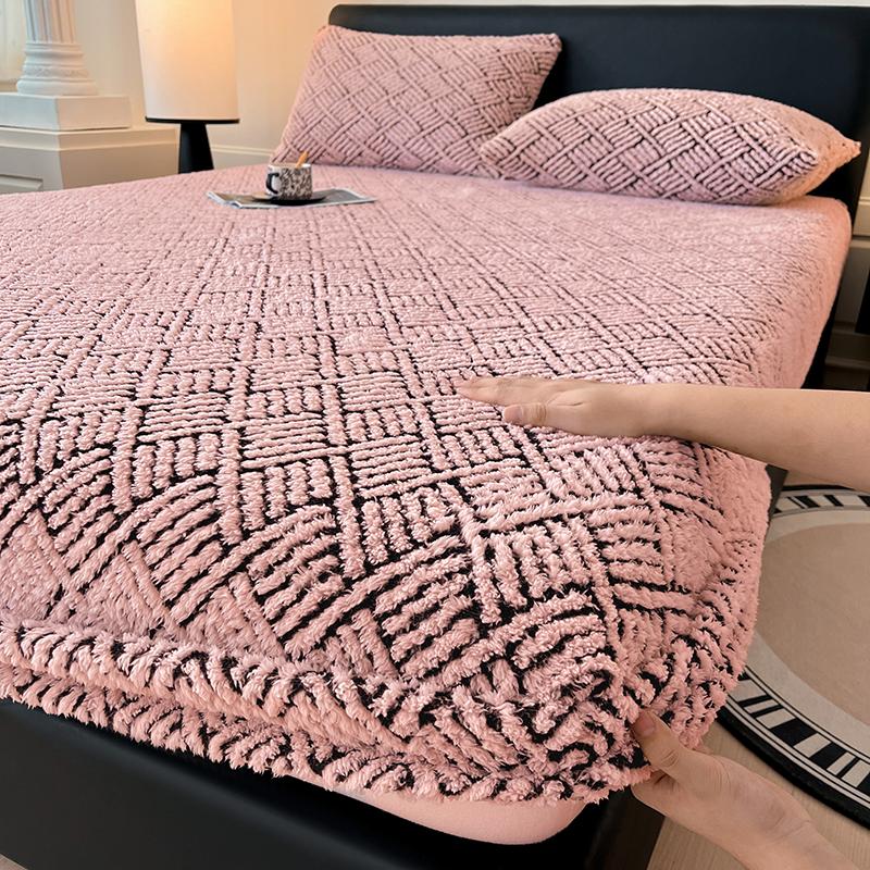 Bed Sheet with Elastic Band Single/Queen/King Fitted Sheet Mattress Cover Winter Warm Coral Fleece Fitted Bed Sheets for Bed