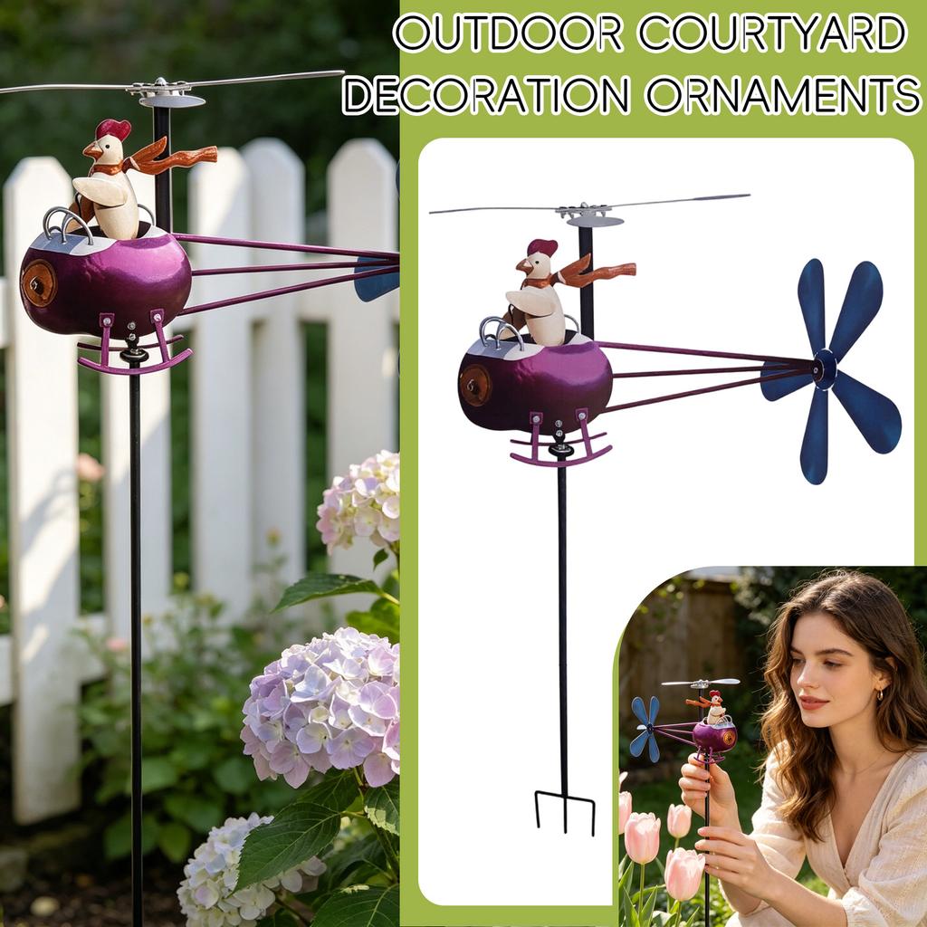 Outdoor Garden Metal Weather Vane Wind Spinner with Helicopter Design and Rooster Figure Yard Decoration Lawn Ornament