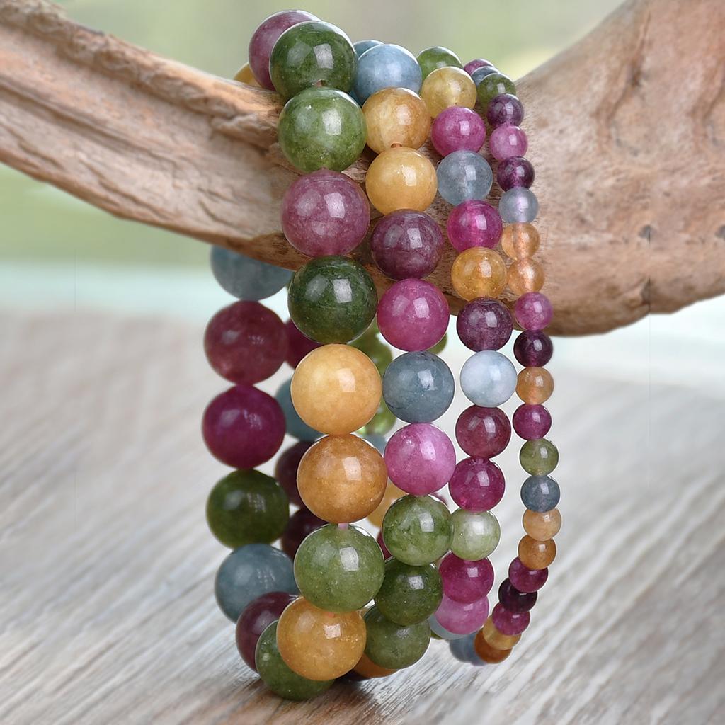 Bohemian Natural Stone Colorful Stone 4-10mm Elastic Bracelet Women's Sweet Trendy Vacation Handmade Zircon