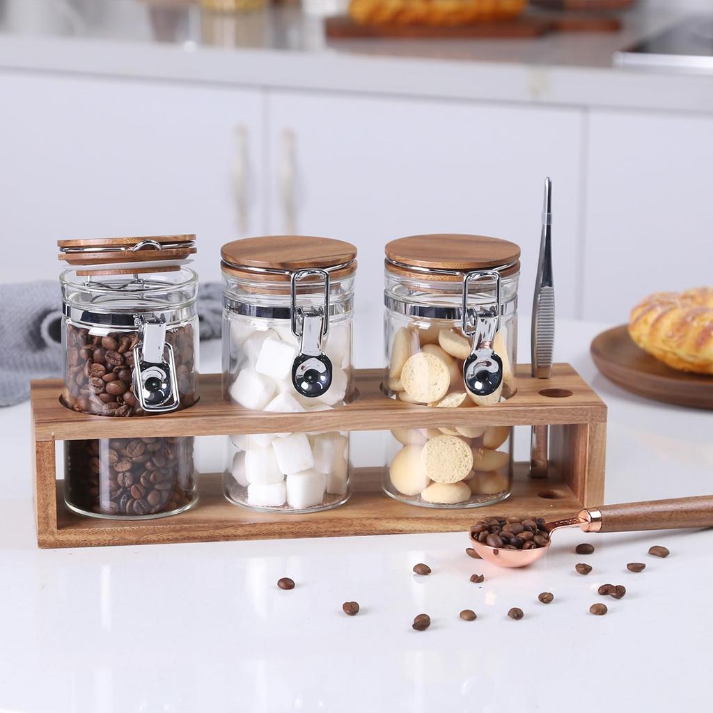 KKC Coffee Bean Storage Container Sealed Canister Sugar Salt Flour Yeast Food Storage Container Glass Coffee Canister with Measuring Spoon 1200ML Set
