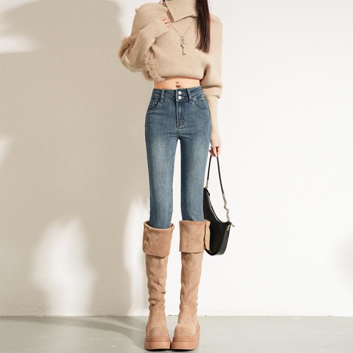 

Fleece-Lined Skinny Jeans for Women: Stylish, Slimming, High-Stretch Denim Pencil Pants for Autumn and Winter Size 26