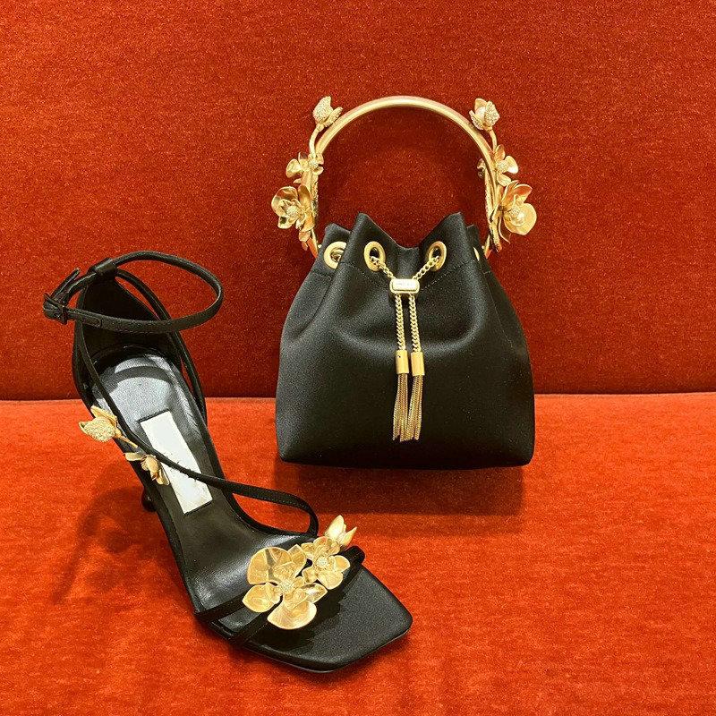 2025 Summer New Gold Flower Square Thin Heel Single Shoes With Sexy Open Toe Design Sense Women Sandals