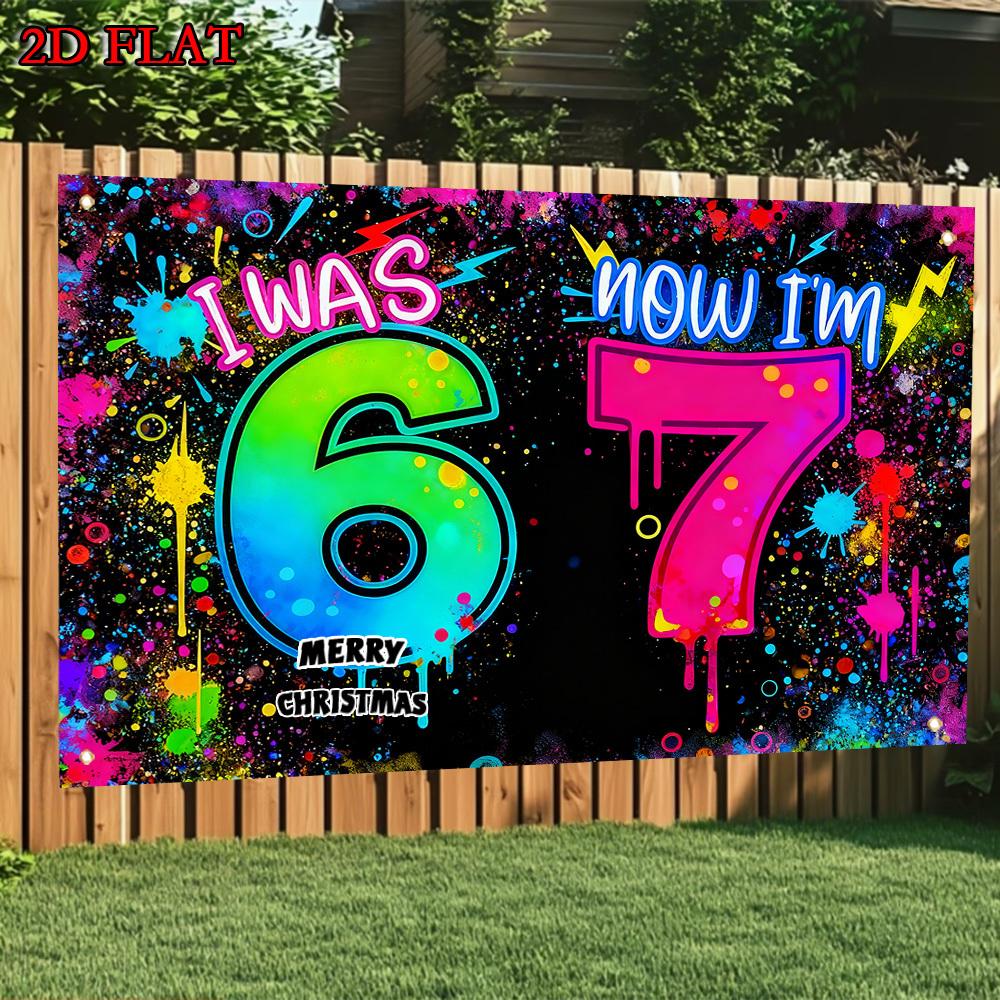 2D flat banner, 1 piece, birthday party banner background with theme, polyester, I used to be 6 years old, now I m 7 years old 130x150cm