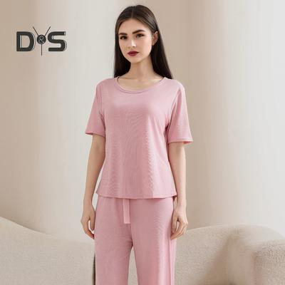 Pijamale de vară pentru femei, cu guler rotund, mânecă scurtă, top și pantaloni, pijamale, set casual, lejer, din două piese, set de lounge