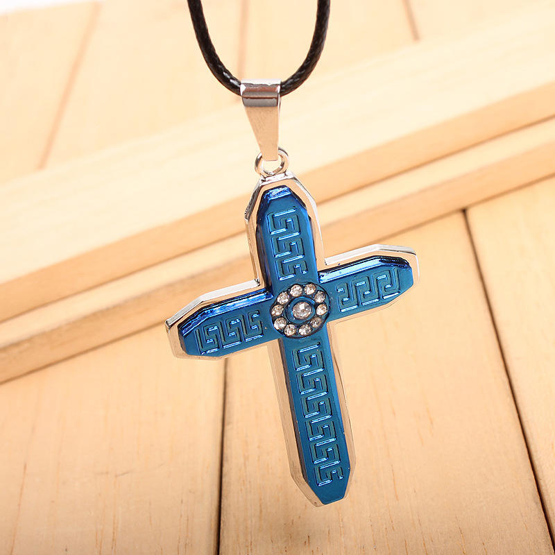 JMXD Crystal Studded Metal Cross Pendant Wax Cord Necklace Medieval Vintage Style Statement Fashion Accessory Versatile