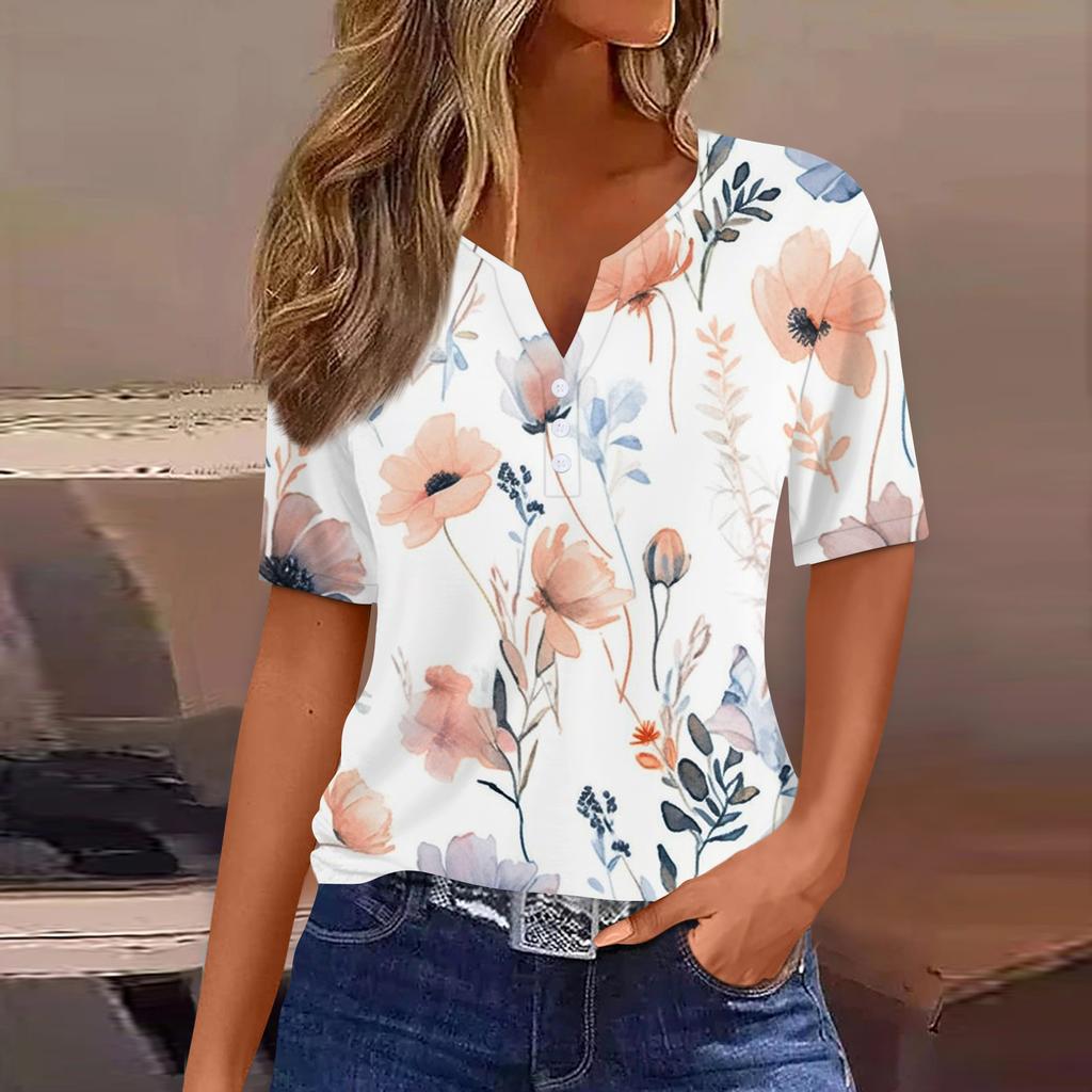 Γυναικείο T-Shirt με Πρίνα, Κουμπί, Κοντό Μανίκι, Καθημερινό, Μόδα Σαββατοκύριακου, Βασικό, V-Λαιμόκοψη, Κανονικό Τοπ