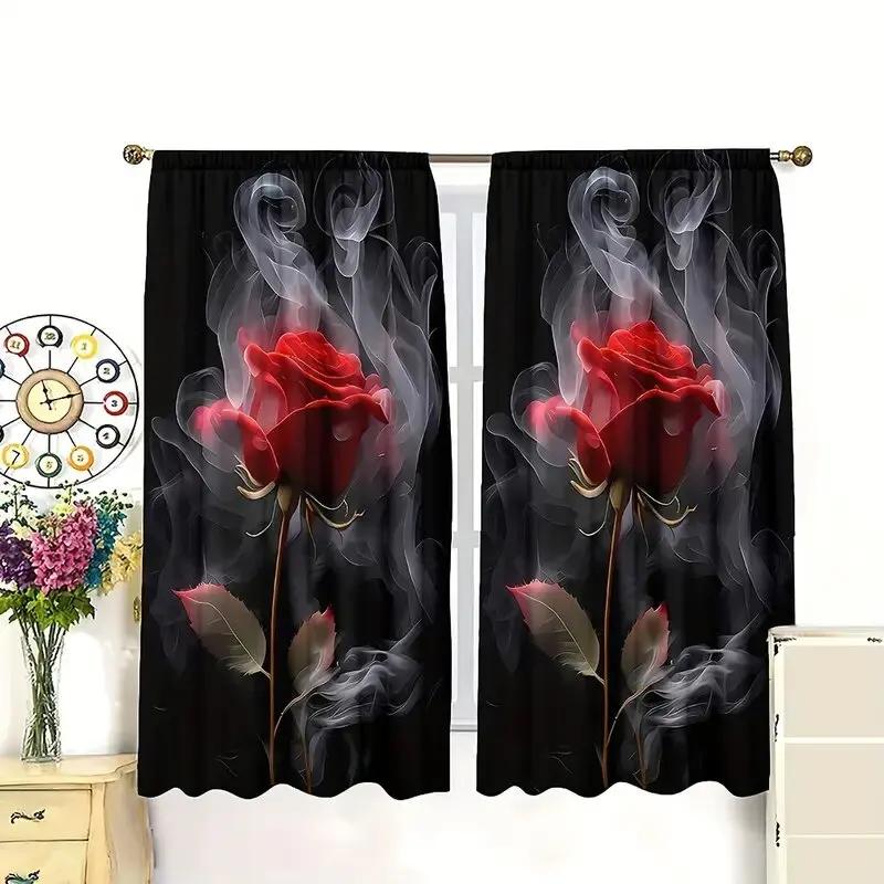 Set Of 2 Red Rose Flower Pattern Printed Curtains Window Decorations Home Room Curtain Made Polyester