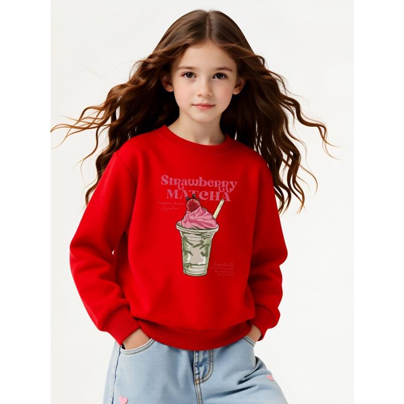 European Sizes Girls' Long-Sleeve Round Neck Sweatshirt "Strawberry Matcha" Print, Spring/Autumn, Casual, Daily & Sports.