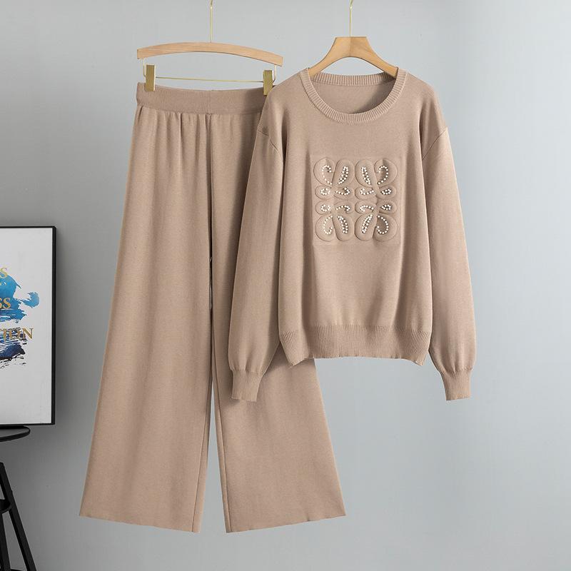 

Плюс Размер Женский Новый Осенний Вязаный Свитер Широкие Брюки Мода Простой Темперамент Двухсекционный Костюм One size хаки