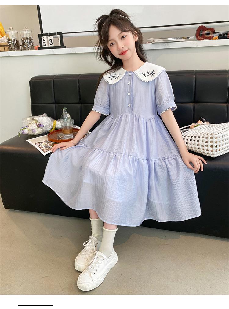 Girls' College Style Dress, Summer New Style, Stylish Doll Collar, Embroidered Mid Skirt, Princess Skirt, Short Sleeved, Medium To Long Style