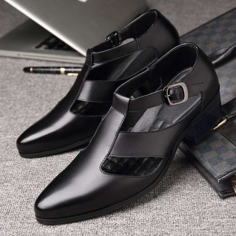 Fashion Mens Genuine Leather High Heel Dress Sandals Daily Business Office Work Sandals Trendy Hollow Pointed Toe Buckle Sandals204